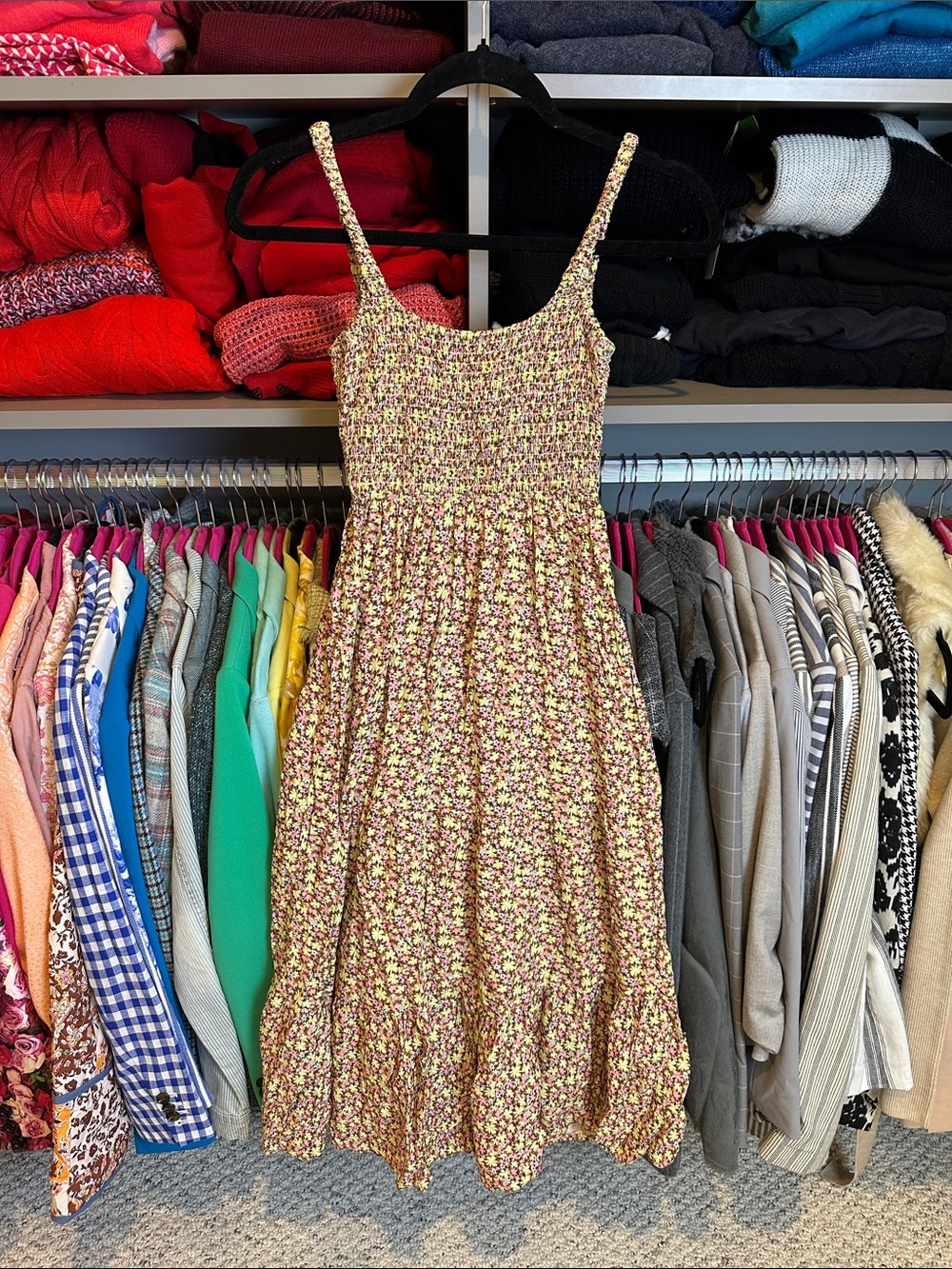 Maaji yellow/brown/pink floral sleeveless smocked midi dress size S